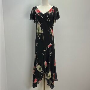 Vintage Y2K Adrianna Papell Silk Midi Dress Black Floral Fairy Whimsigoth 90s